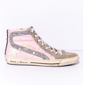 GOLDEN GOOSE Pink and Silver Sequin Embellished Hi-Top Sneakers, Size 9 (40)